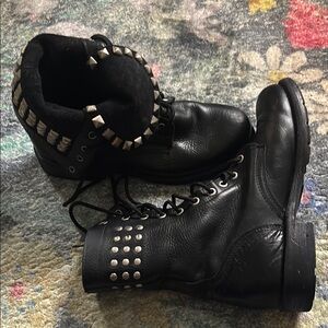 Frye Rogan Studded Foldover Black Leather Combat Boots